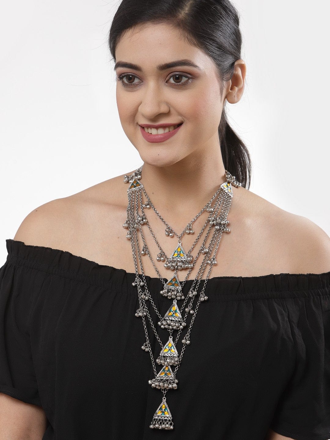 Women Silver Beads Studded Meenakari Work Layered Necklace