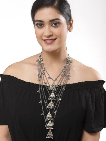 Silver-Plated & Red Brass Meenakari Necklace