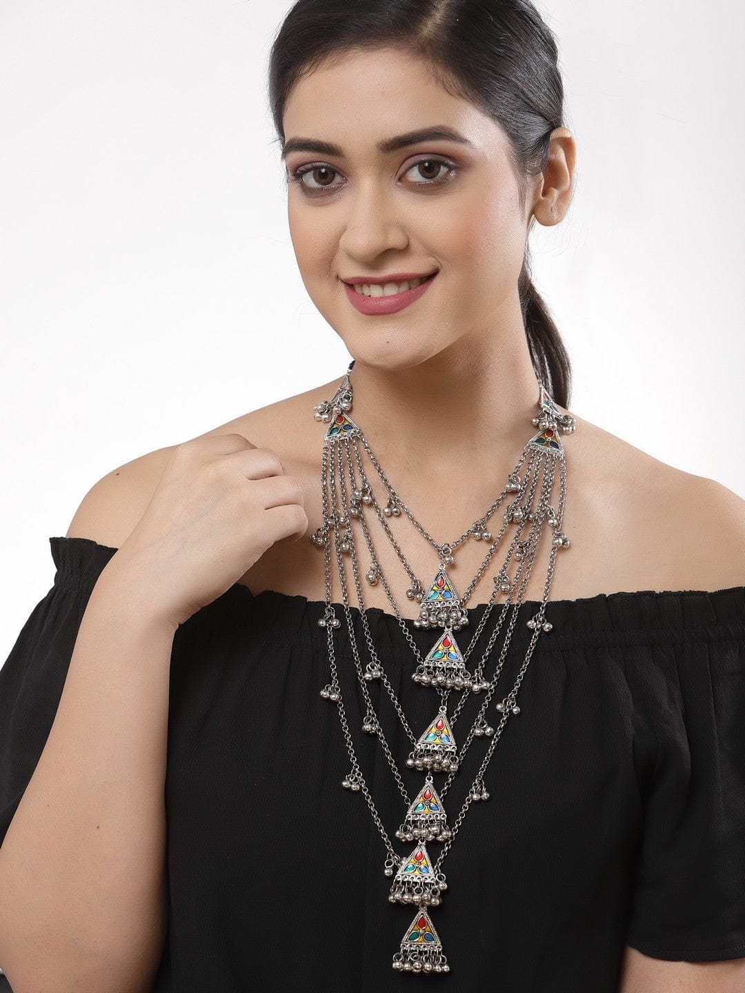 Brass Silver-Plated Meenakari Necklace