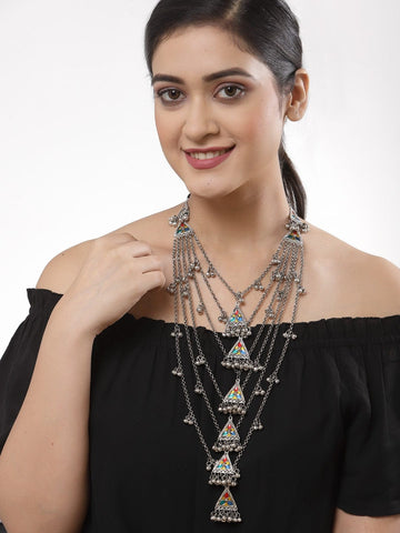 Brass Silver-Plated Meenakari Necklace