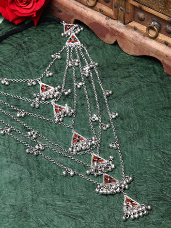 Women Silver-Toned & Orange Brass Meenakari Necklace