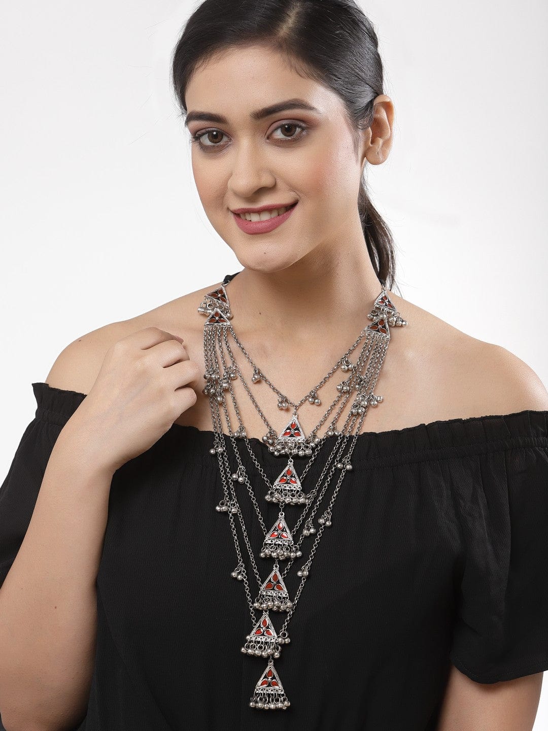 Women Silver-Toned & Orange Brass Meenakari Necklace