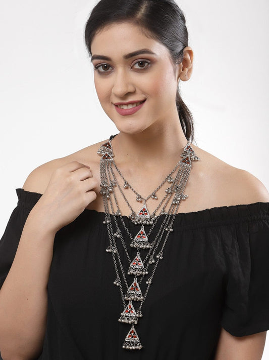 Women Silver-Toned & Orange Brass Meenakari Necklace