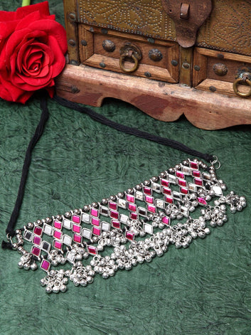 Silver-Plated & Pink Brass Mirror Necklace