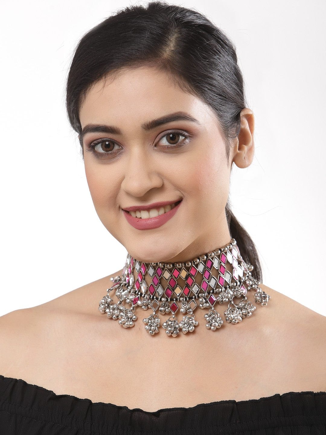 Silver-Plated & Pink Brass Mirror Necklace