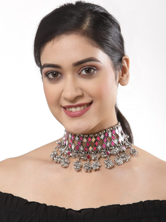 Silver-Plated & Pink Brass Mirror Necklace