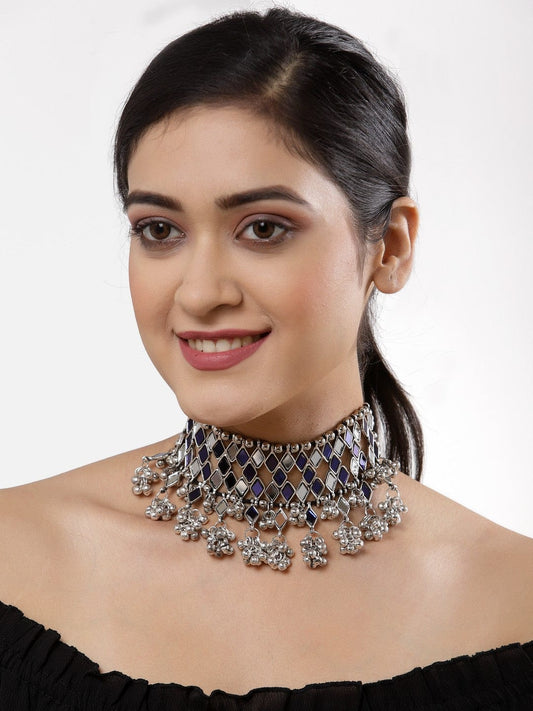 Women Silver-Toned & Blue Brass Mirror Necklace