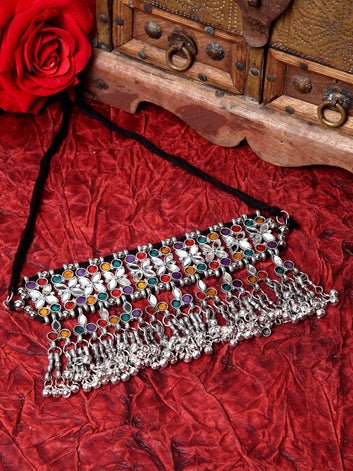 Women Multicoloured Silver-Plated Mirror Studded Tassel Afghan Choker Necklace