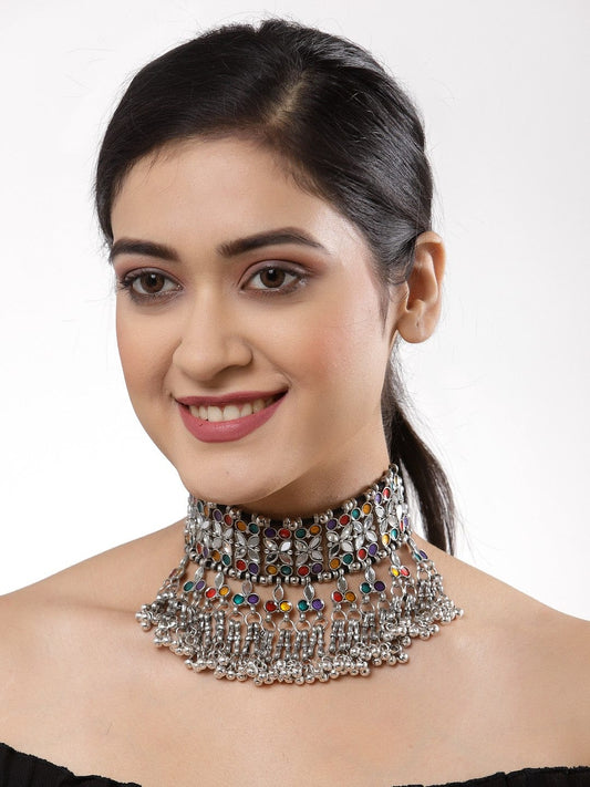 Women Multicoloured Silver-Plated Mirror Studded Tassel Afghan Choker Necklace
