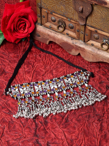 Women Silver-Toned & Blue Brass Meenakari Necklace