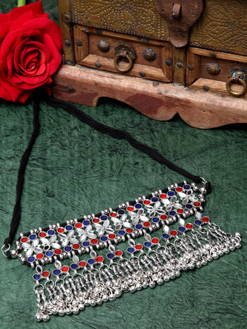 Women Red & Blue Silver-Plated Mirror Studded Tasselled Afghan Choker Necklace