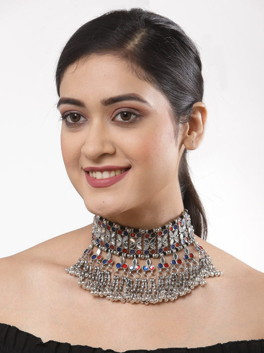 Women Red & Blue Silver-Plated Mirror Studded Tasselled Afghan Choker Necklace