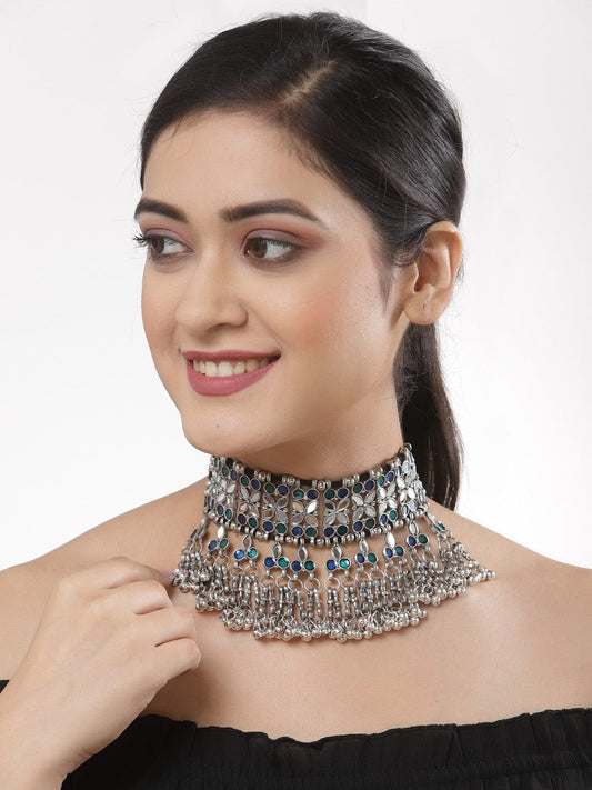 Brass Silver-Plated Meenakari Necklace