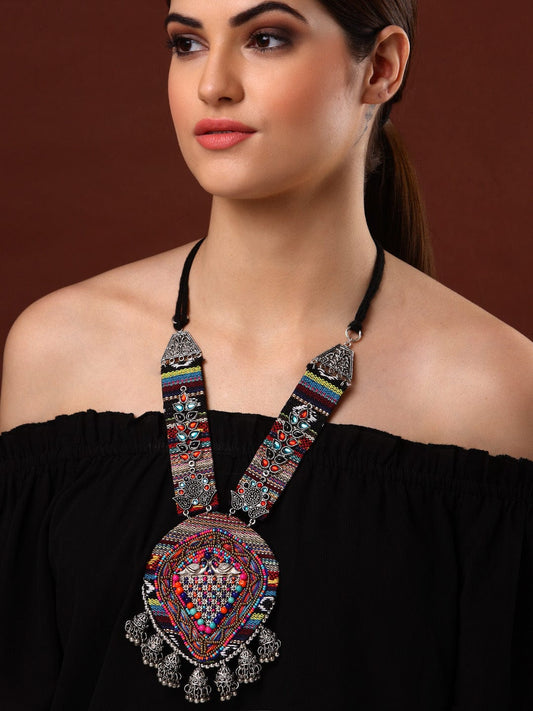 Multicoloured Brass Oxidised Silver-Plated Beads & Crystals Studded Necklace
