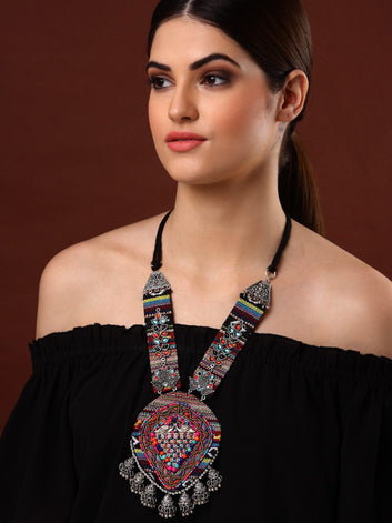 Multicoloured Brass Oxidised Silver-Plated Beads & Crystals Studded Necklace