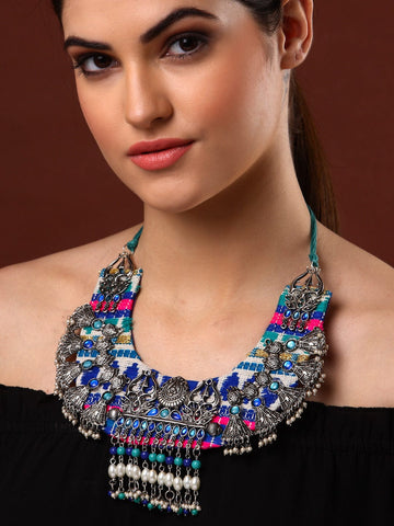 Silver-Toned & Blue Brass Silver-Plated Necklace