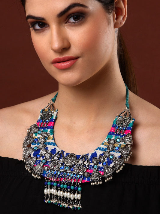 Silver-Toned & Blue Brass Silver-Plated Necklace