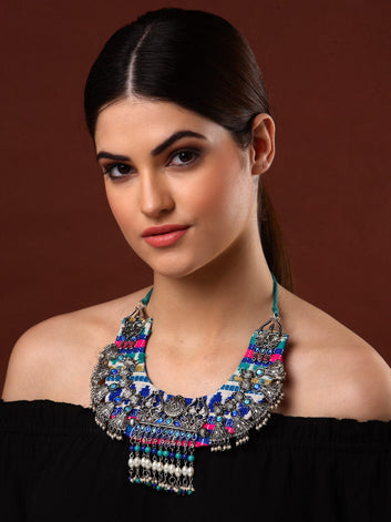 Silver-Toned & Blue Brass Silver-Plated Necklace