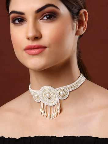Silver-Toned & Off White Brass Silver-Plated Choker Necklace