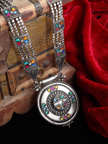 Silver-Toned & Blue Brass Silver-Plated Oxidised Necklace