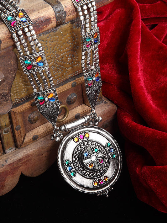 Silver-Toned & Blue Brass Silver-Plated Oxidised Necklace