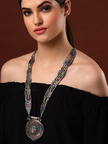 Silver-Toned & Blue Brass Silver-Plated Oxidised Necklace