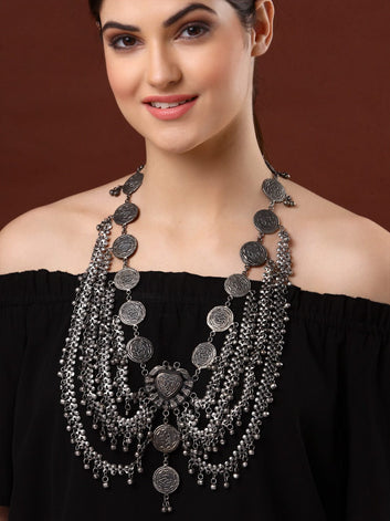 Gunmetal-Toned Brass Silver-Plated Tribal Necklace