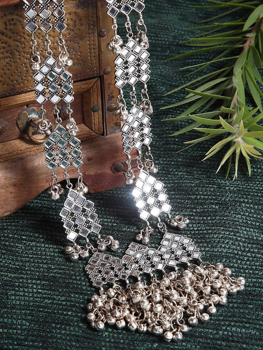 Silver-Toned & Black Brass Silver-Plated Mirror Necklace