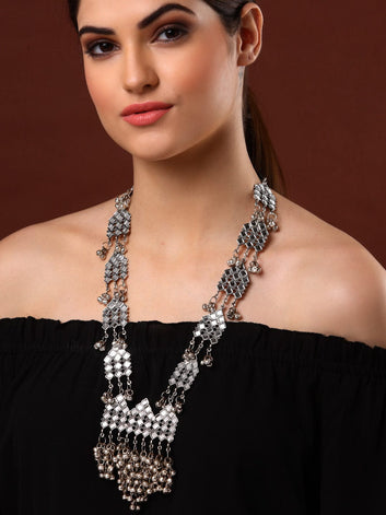 Silver-Toned & Black Brass Silver-Plated Mirror Necklace