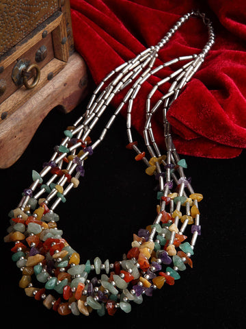 Silver-Toned & Red Brass Oxidized Silver-Plated Afghan Necklace