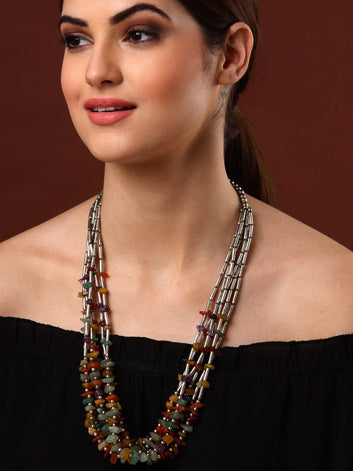 Silver-Toned & Red Brass Oxidized Silver-Plated Afghan Necklace