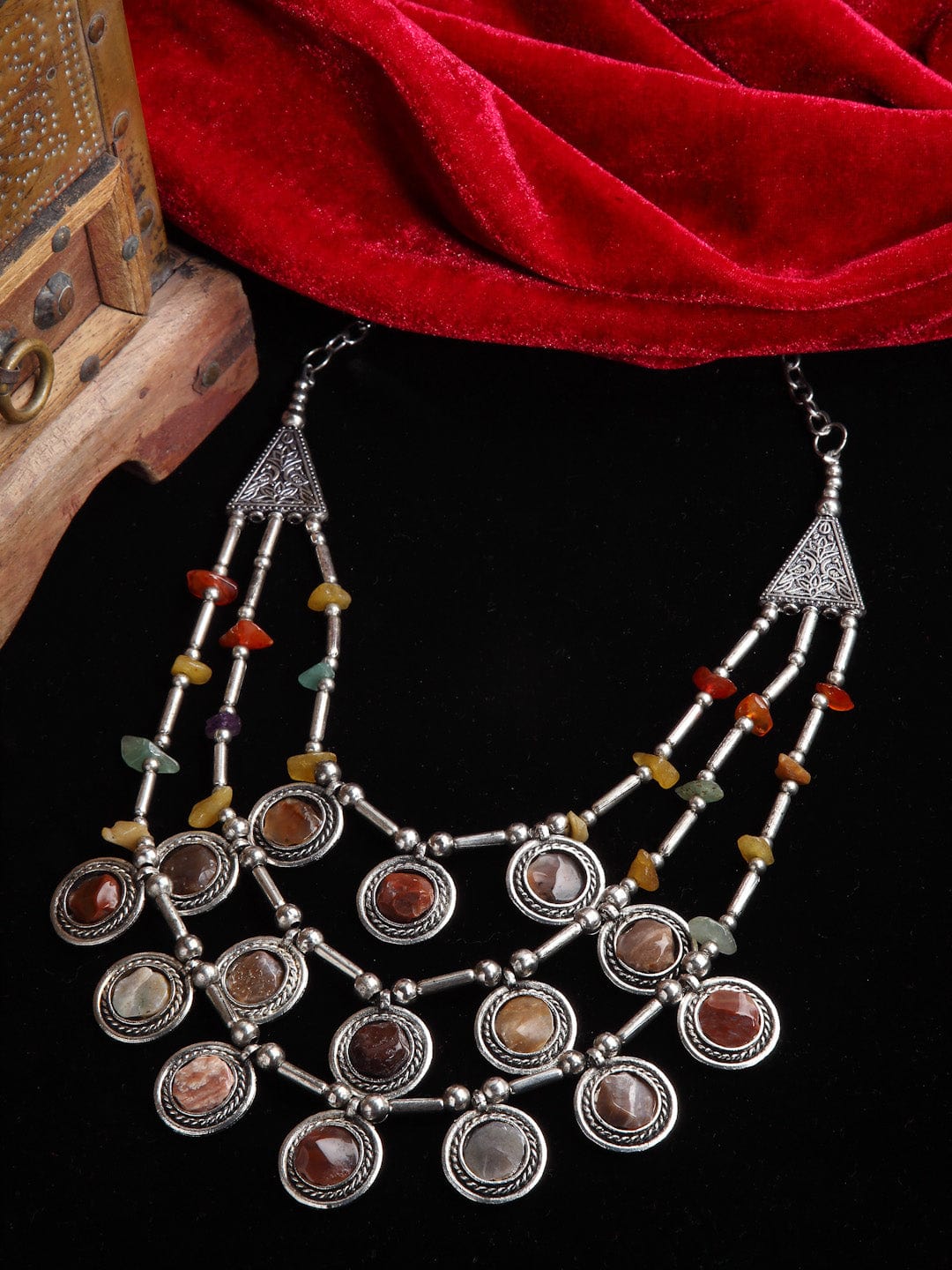 Silver-Toned & Brown Brass Silver-Plated Afghan Necklace