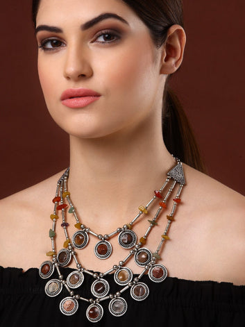 Silver-Toned & Brown Brass Silver-Plated Afghan Necklace