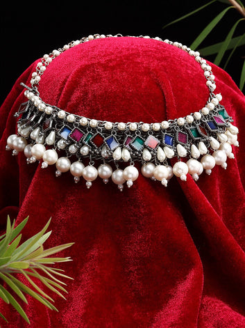 Women Silver-Toned & White Pearls Studded Meenakari Choker Necklace