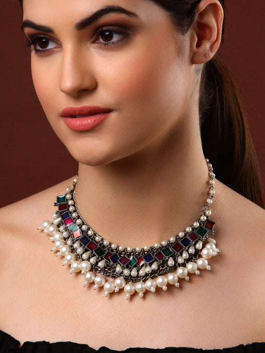Women Silver-Toned & White Pearls Studded Meenakari Choker Necklace