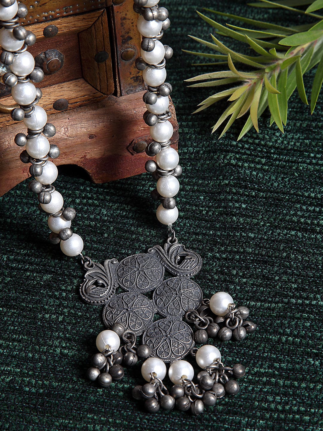 Silver-Toned & Off White Brass Silver-Plated Oxidised Necklace