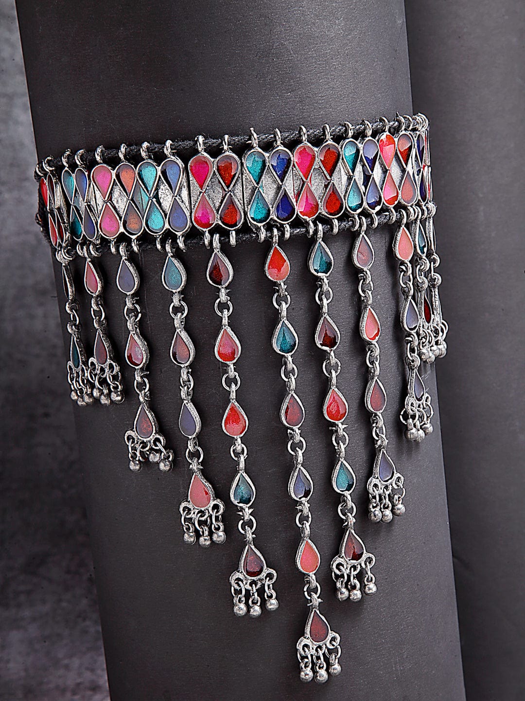 Oxidised Silver-Plated Pink & Blue Meenakari Brass Afghan Necklace