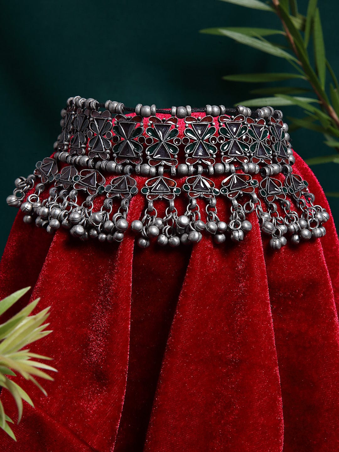 Women Silver-Toned Meenakari Oxidised Choker Necklace