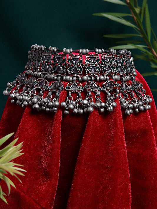 Women Silver-Toned Meenakari Oxidised Choker Necklace