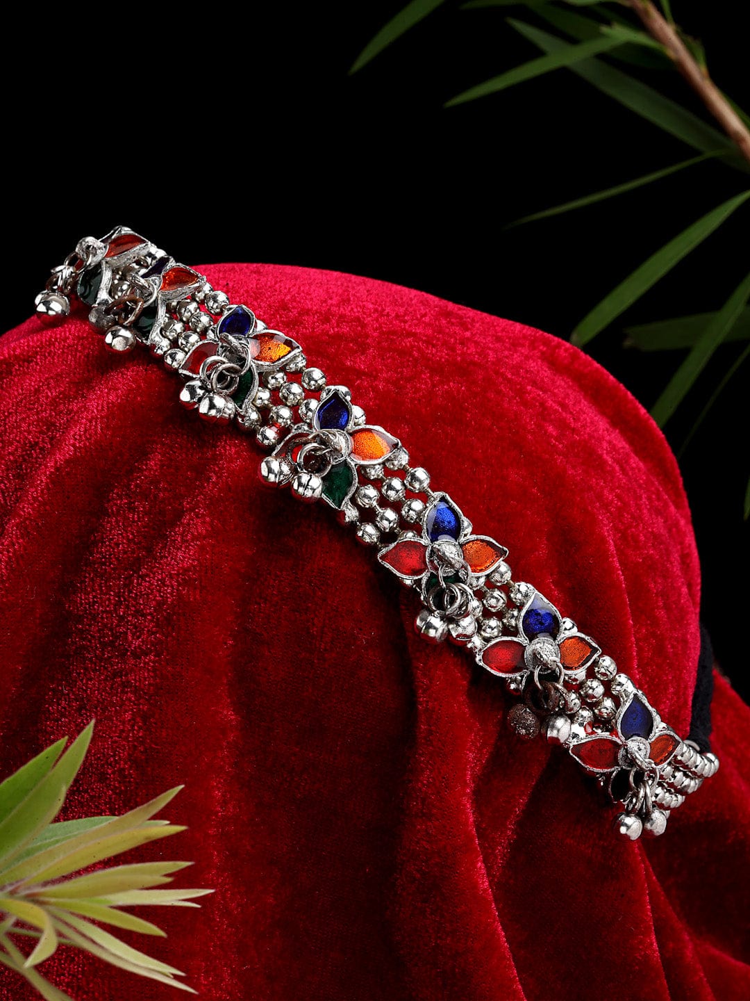 Silver-Toned & Blue Brass Silver-Plated Meenakari Choker Necklace