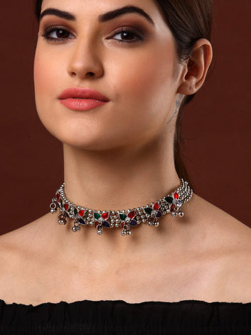 Silver-Toned & Blue Brass Silver-Plated Meenakari Choker Necklace