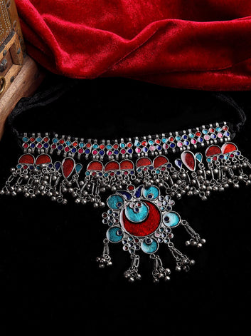 Silver-Toned & Blue Brass Silver-Plated Meenakari Necklace