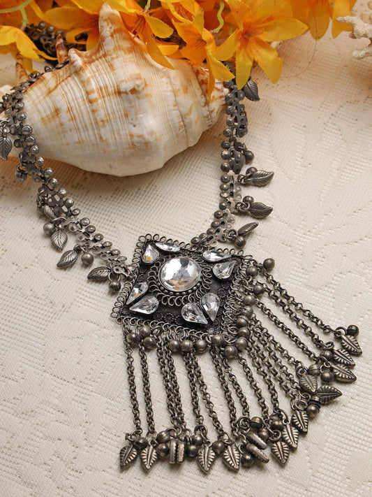 Silver-Toned & Gunmetal-Toned Brass Silver-Plated Tasselled Necklace