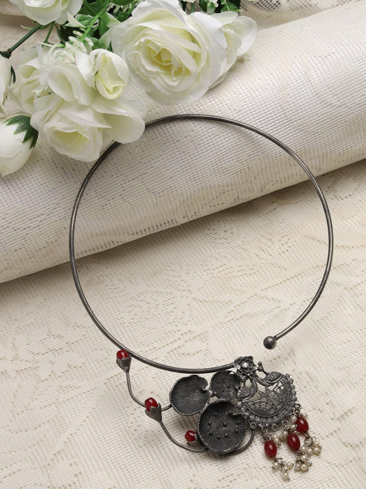 Silver-Toned & Red Brass Silver-Plated Oxidised Necklace