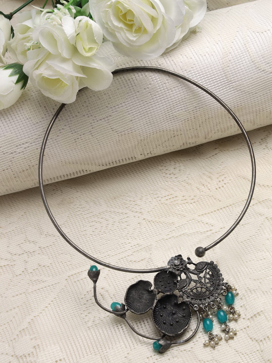 Silver-Toned & Turquoise Blue Brass Silver-Plated Oxidised Necklace