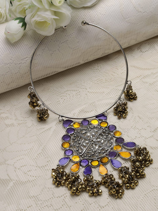 Silver-Toned & Yellow Brass Silver-Plated Meenakari Necklace