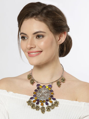 Silver-Toned & Yellow Brass Silver-Plated Meenakari Necklace