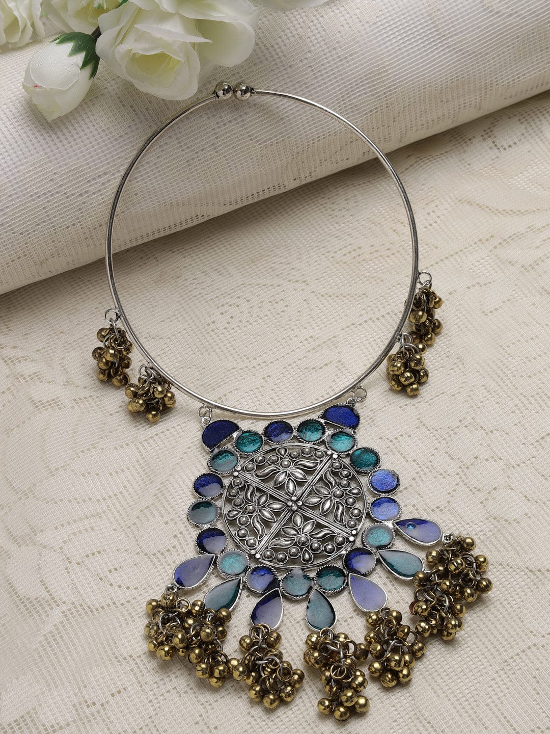 Blue & Green Brass Gold-Plated Meenakari Necklace