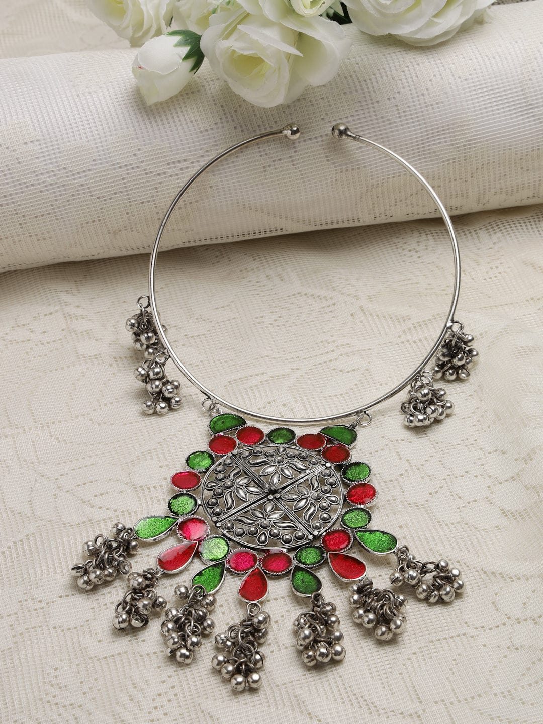 Silver-Toned & Pink Brass Silver-Plated Meenakari Necklace
