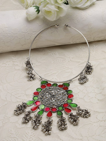 Silver-Toned & Pink Brass Silver-Plated Meenakari Necklace